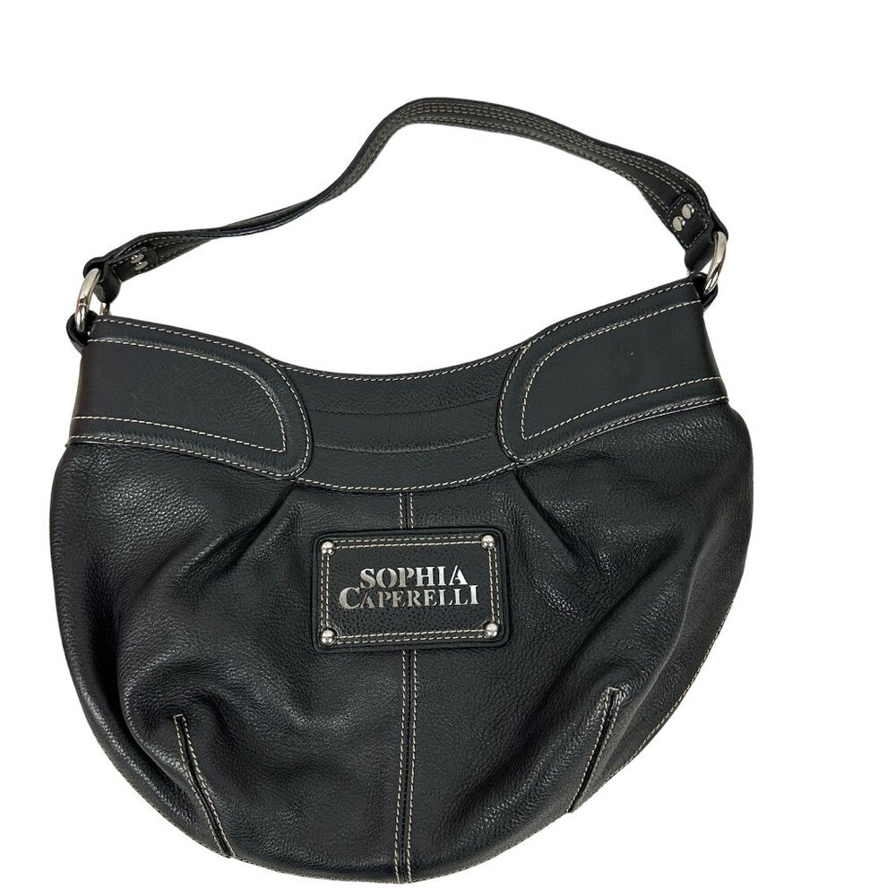 Sophia Caperelli Black Leather Hobo Shoulder Bag With Leopard Print Lining